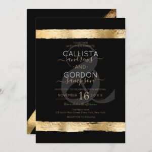 Luxury Chic Black Gold Brushstroke Border Wedding Invitation