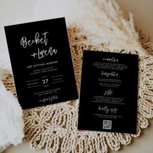 Modern minimalist QR code & details black wedding Invitation