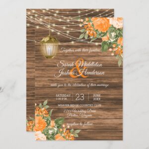 Wood, Lanterns and Orange Flower Wedding Invitation