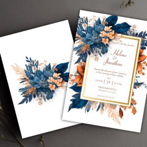 Navy Rust Modern Elegant Watercolor Floral Wedding Invitation