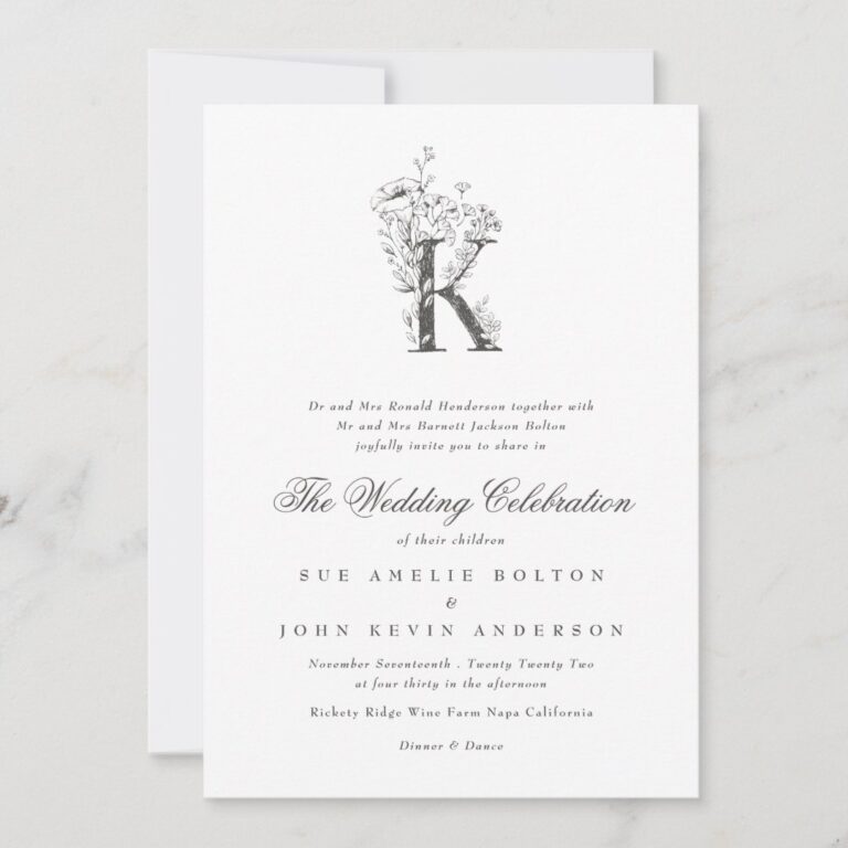 Beautiful Floral 'K' Monogram Sketched Wedding Invitation