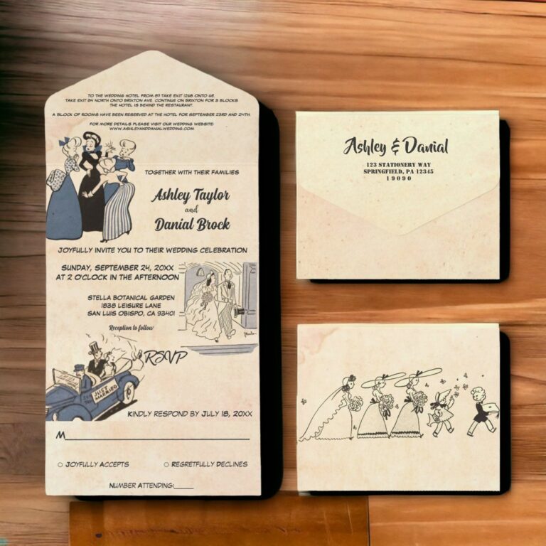 Vintage Retro Old Comic Book Stylish Chic Wedding All In One Invitation