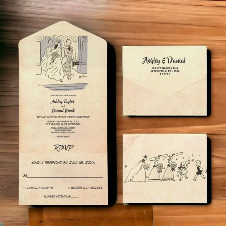 Vintage Retro Old Bride Groom Comic Rustic Wedding All In One Invitation