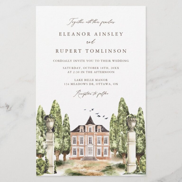 Watercolor English Manor House Wedding Invitation