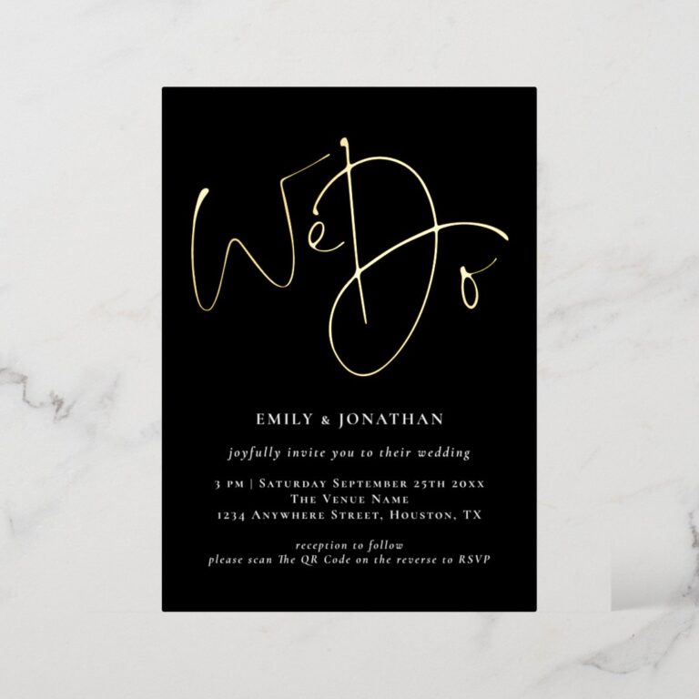 We Do Script Black QR Code Gold Real Foil Wedding Foil Invitation