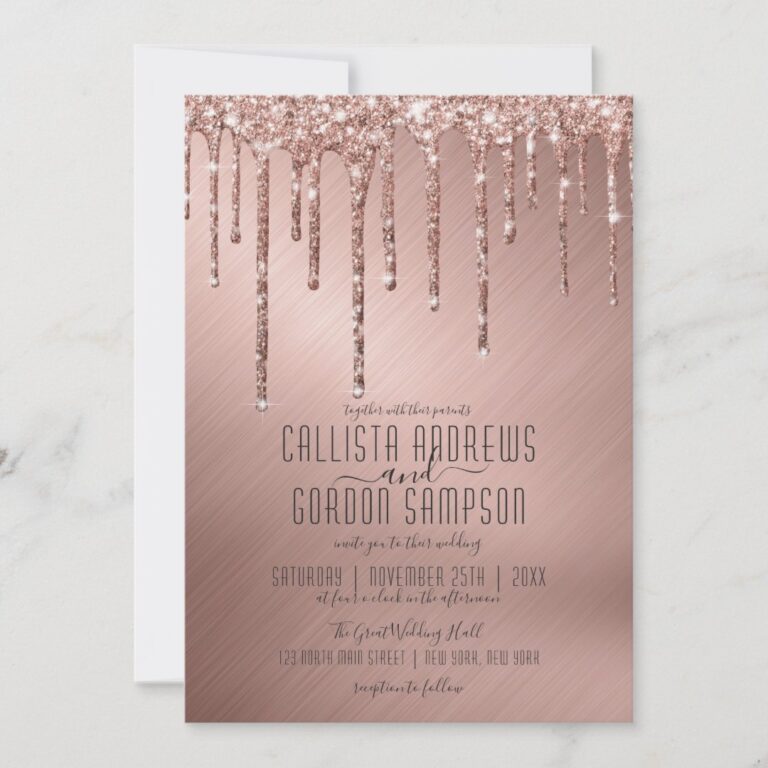 Luxury Sparkly Rose Gold Glitter Drips Wedding Invitation