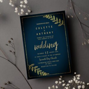 Vintage style navy blue gold floral chic Wedding Invitation