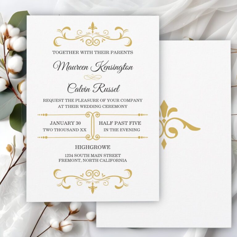 Elegant Gold Filigree on White, Wedding Invitation