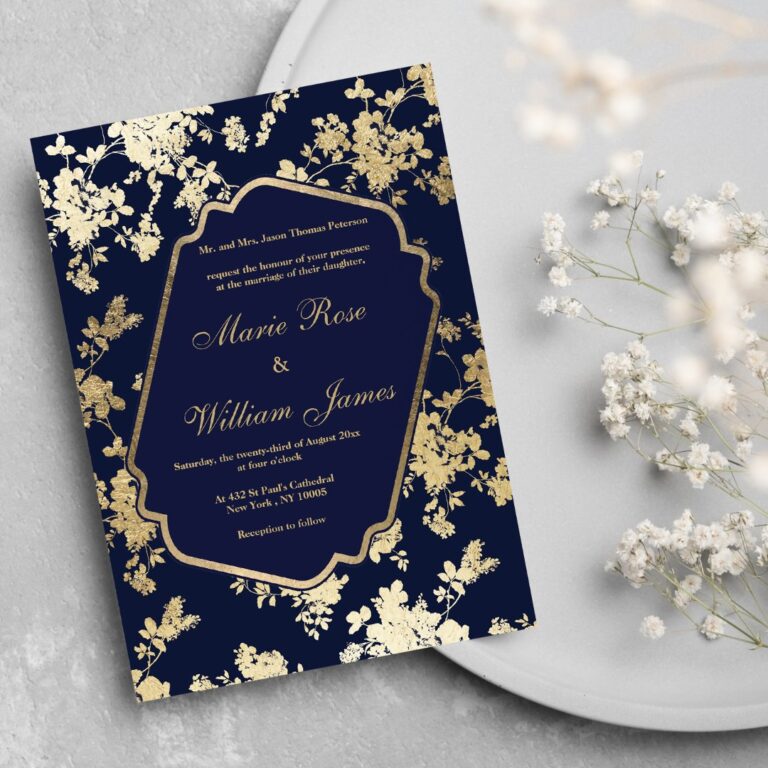 Elegant navy blue gold floral Wedding Invitation