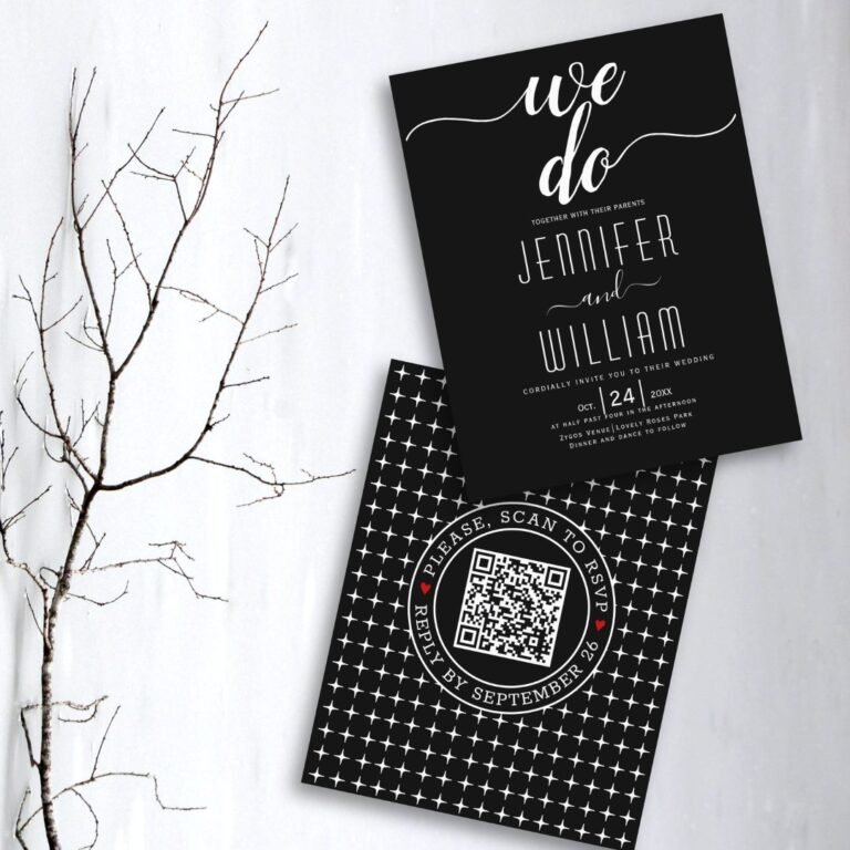 BUDGET QR code We do black wedding invitation