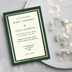 Elegant ivory gold forest green glam Wedding Invitation