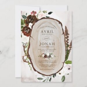 Boho Rustic Wood & Floral Burgundy Rose Wedding Invitation