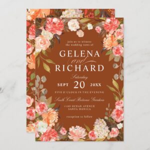 Fall Rust Peach Olive Watercolor Floral Wedding Invitation