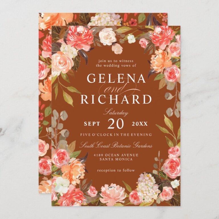 Fall Rust Peach Olive Watercolor Floral Wedding Invitation