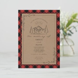 Line Art Buffalo Plaid Mountain Wedding Invitation