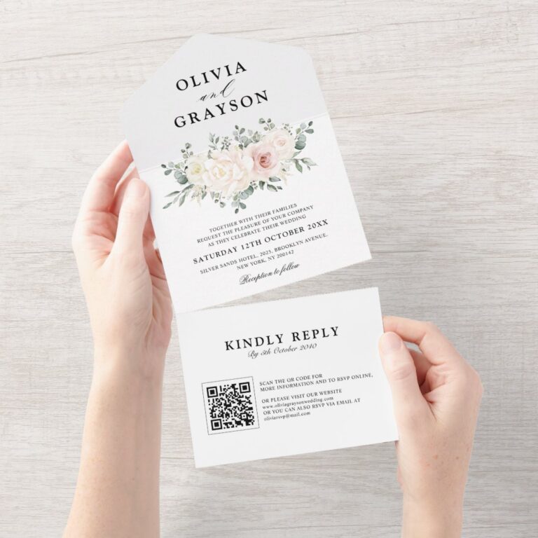 Champagne Ivory Blush Pink Floral QR code Wedding All In One Invitation