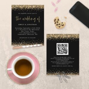 Budget Black Gold Glitter QR Code Wedding Invite