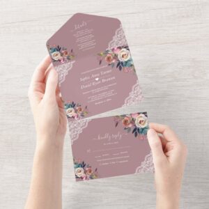 Charm Dusty Blue Misty Rose Flowers Wedding All In One Invitation