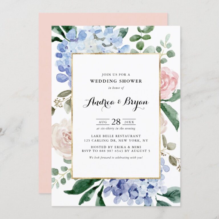 Blue Hydrangeas and Pink Roses Wedding Shower Invitation