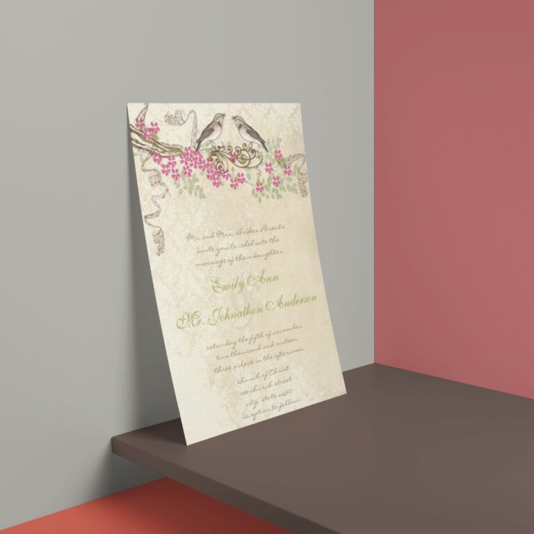 Pink Cherry Blossom Vintage Bird Weddings Invitation