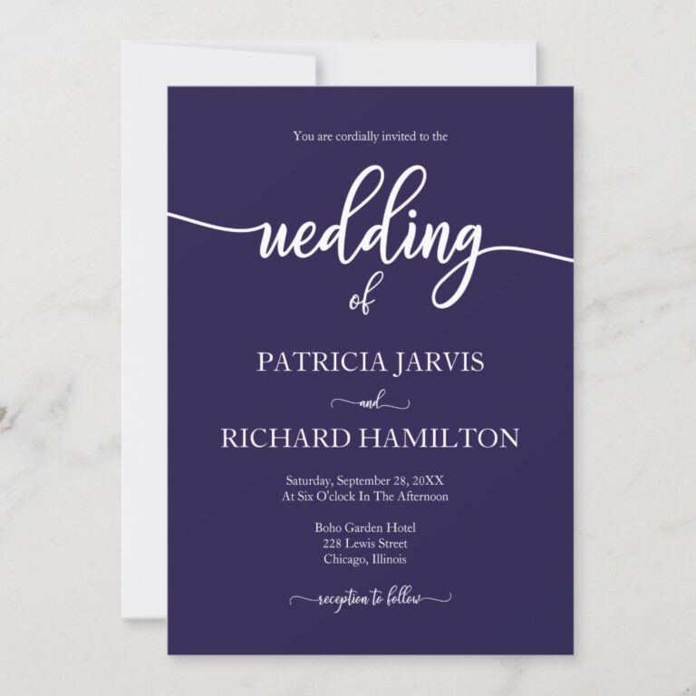 Elegant Navy Blue And White Calligraphy Wedding Invitation