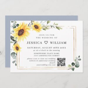 Elegant Sunflowers Eucalyptus Wedding QR Code Invitation