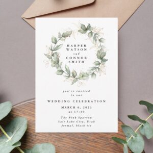 Modern Budget Gold Eucalyptus Wreath Wedding Flyer