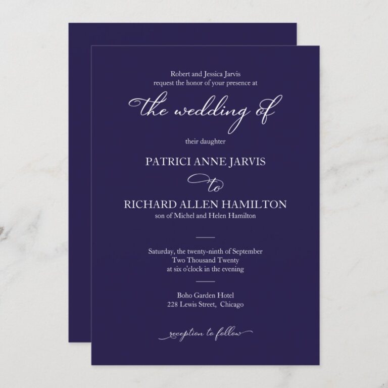 Elegant Navy Blue And White Script Classic Wedding Invitation