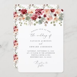 Burgundy green watercolor floral wedding invitation