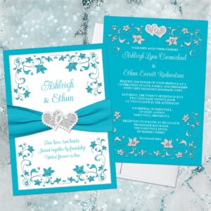 Turquoise, Silver Love Hearts Wedding Invitation