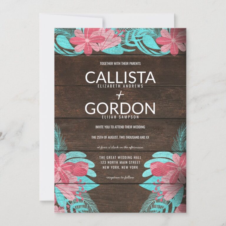 Rustic Pink Teal Floral Wood Barn Wedding Invitation