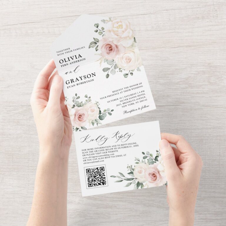 Champagne Ivory Blush Pink Floral QR code Wedding All In One Invitation