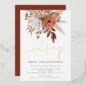 Rustic Terracotta Florals Informal Script Wedding Foil Invitation