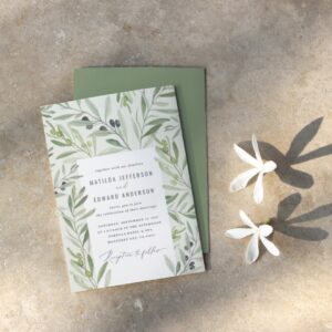 Modern watercolor olive branch foliage wedding announcement