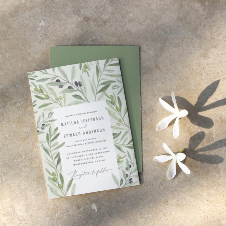 Modern watercolor olive branch foliage wedding announcement