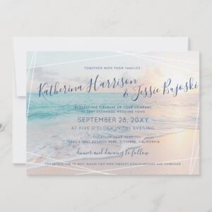 Beach Wedding Ocean Sunset Pink & Turquoise Invitation