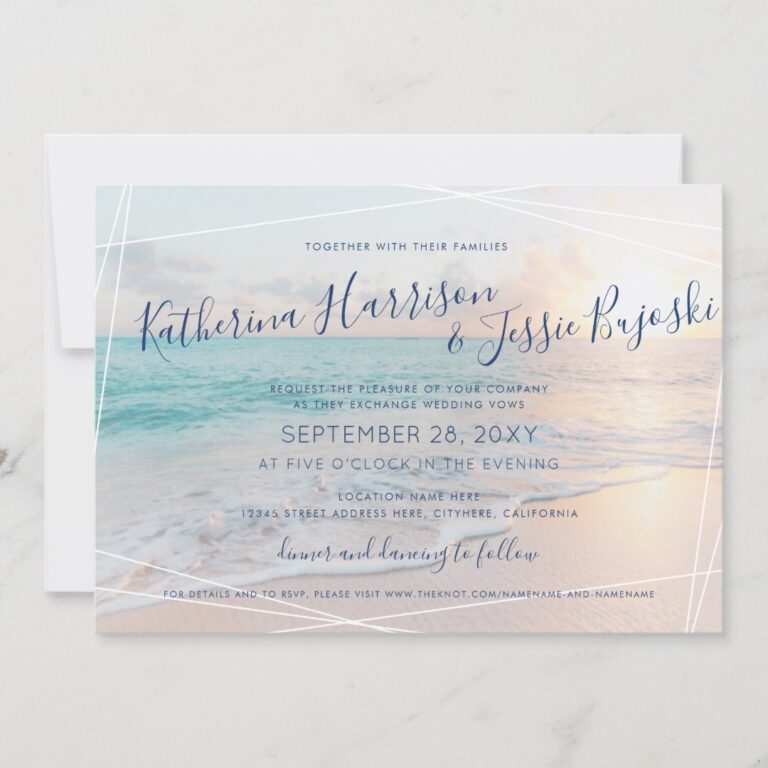 Beach Wedding Ocean Sunset Pink & Turquoise Invitation