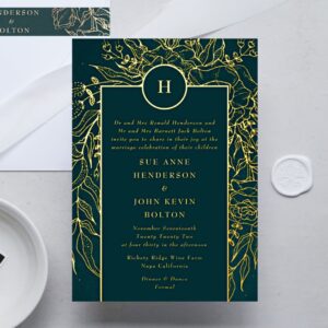 Monogram Customizable Emerald Green Wreath Wedding Foil Invitation