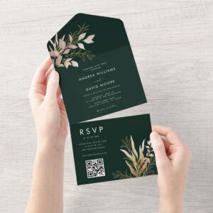 Emerald Green & Gold Greenery QR Code RSVP Wedding All In One Invitation