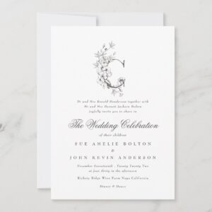 Beautiful Floral 'C' Monogram Sketched Wedding Invitation