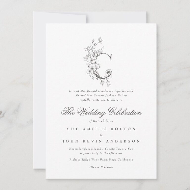 Beautiful Floral 'C' Monogram Sketched Wedding Invitation