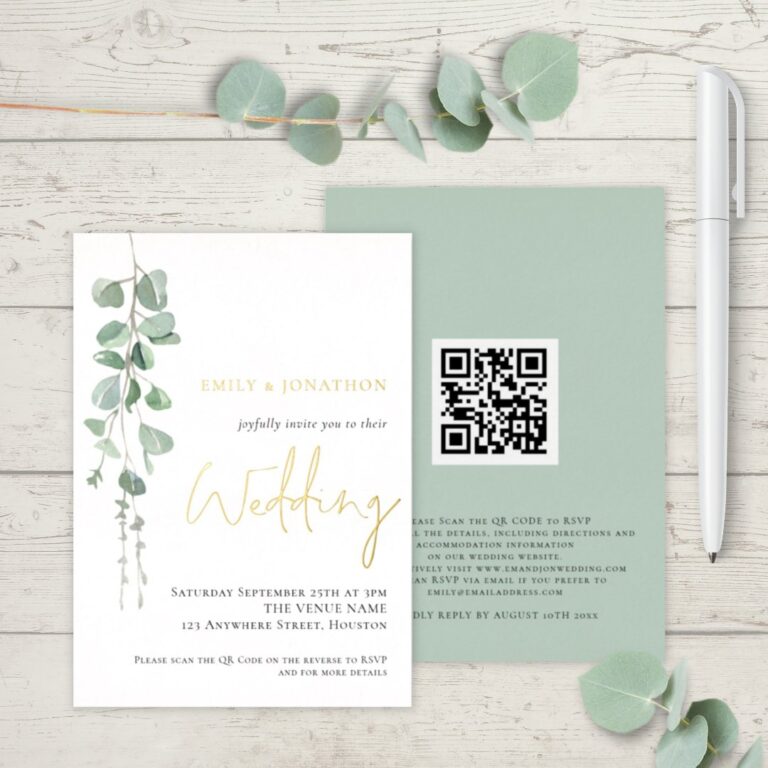 Modern Watercolor Eucalyptus Wedding Gold Real Foil Invitation