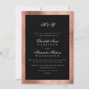 Classic Initials Calligraphy B&W Rose Gold Wedding Invitation