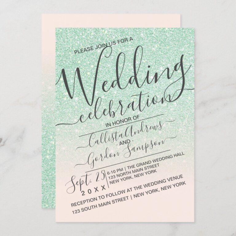 Luxury Mint Pink Sparkly Glitter Ombre Wedding Invitation