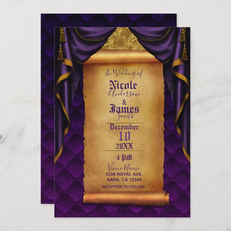 Royal Purple & Gold Drapes Scroll Wedding Invitation