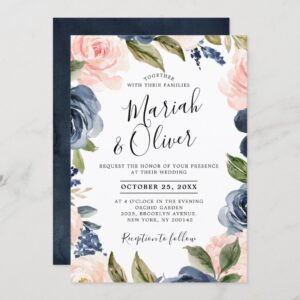 Navy Blue Blush Pink Rose Boho Wedding Invitation