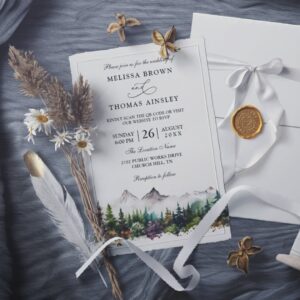 Mountain Forest Rustic Budget QR Code Wedding Invitation