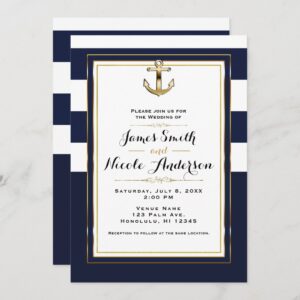 Navy White & Gold Anchor Nautical Stripes Wedding Invitation