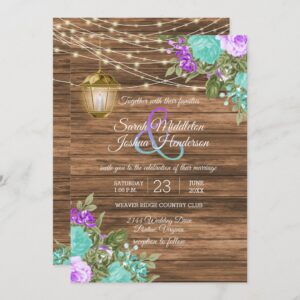 Wood, Lantern and Purple and Teal Flower Wedding Invitation