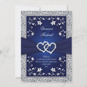 Navy Silver Floral Hearts FAUX Foil Wedding Invite